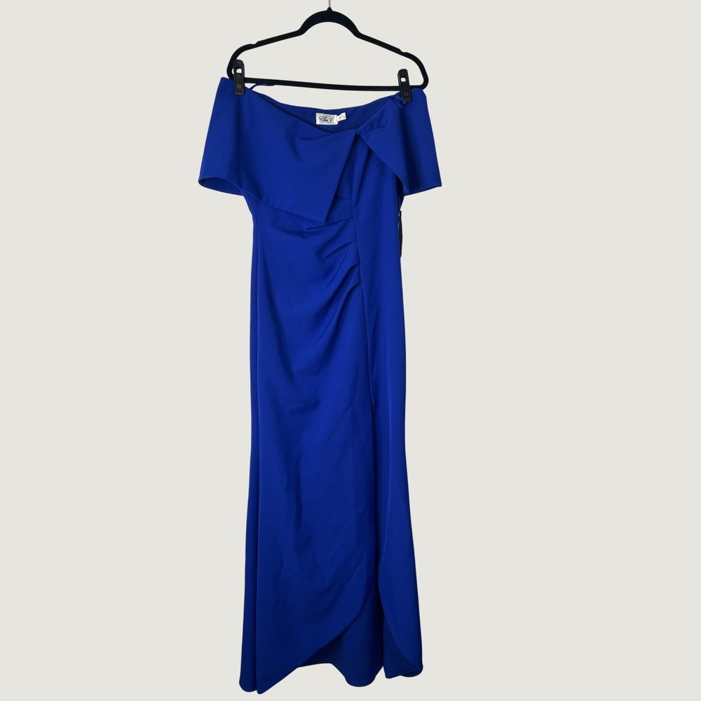Eliza J Fit n Flare Dress Womens 8 Royal Blue Off Shoulder Ruched Draped Formal